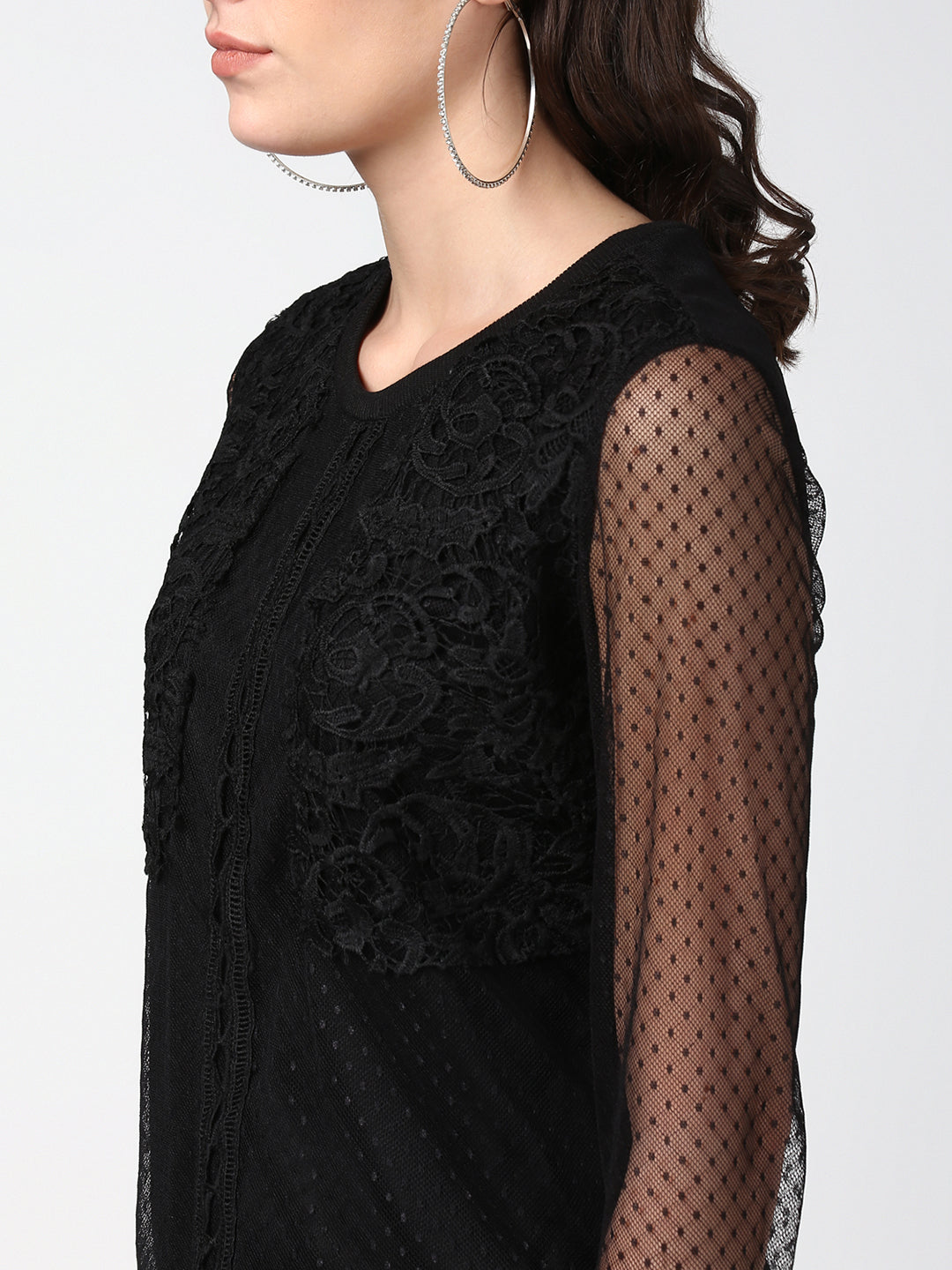 Women's Black Lace and Crochet Self Design Top