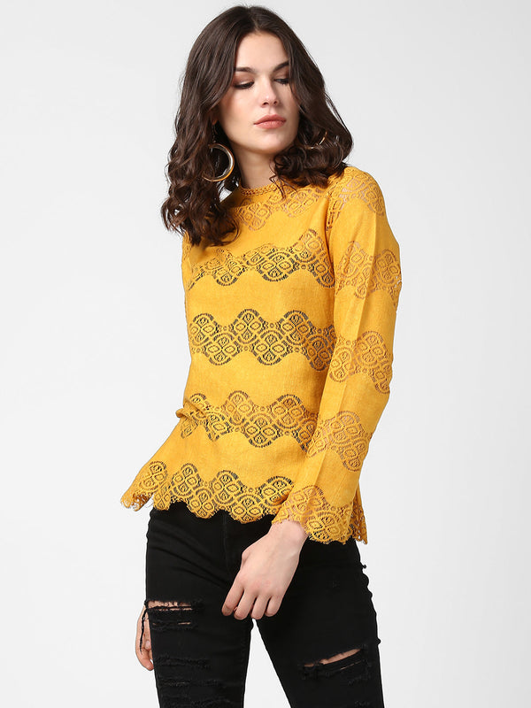 Women's Mustard Yellow Self Detail Lace Top