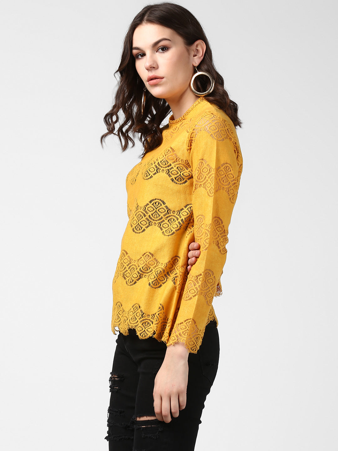 Women's Mustard Yellow Self Detail Lace Top
