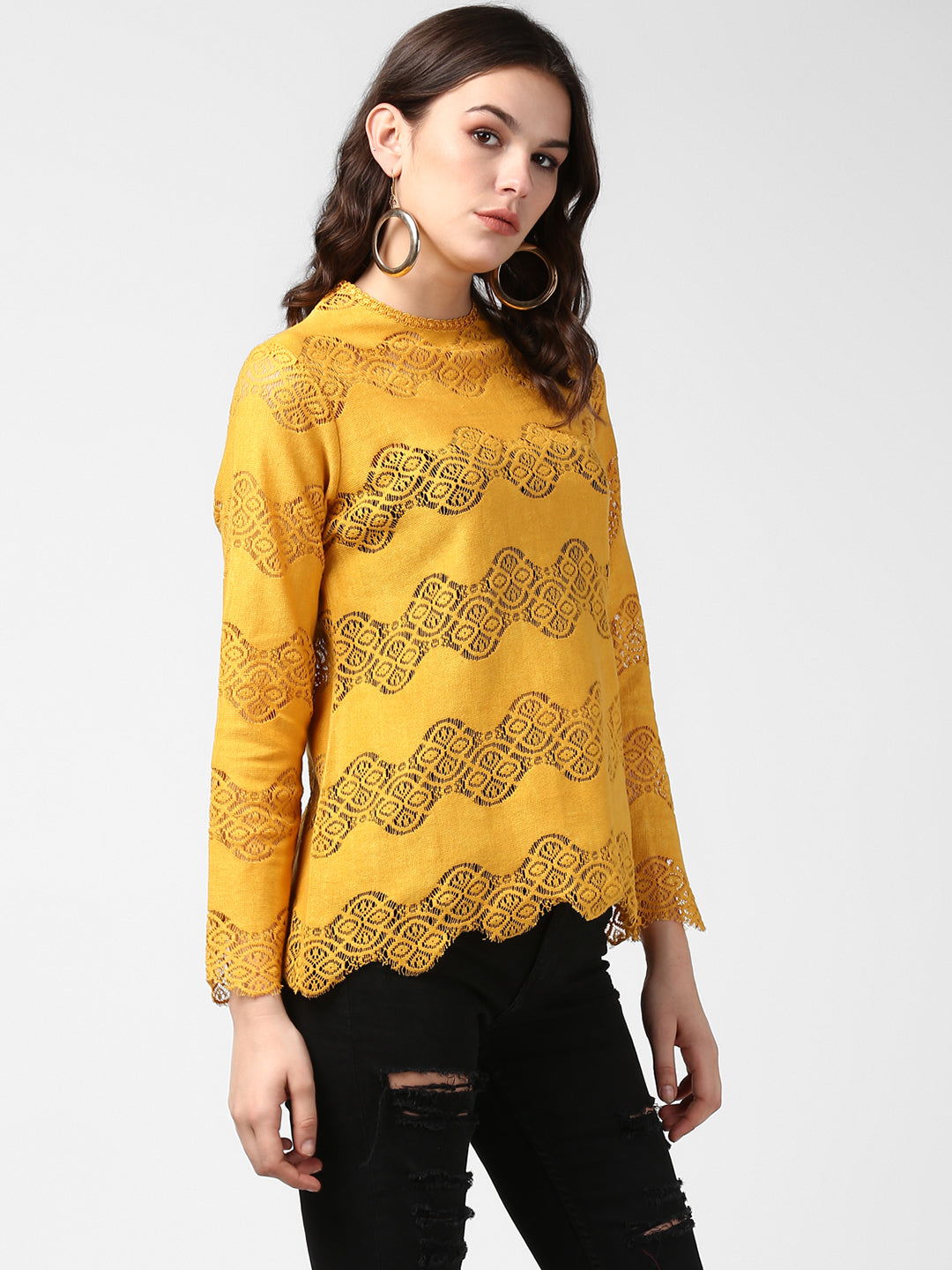 Women's Mustard Yellow Self Detail Lace Top