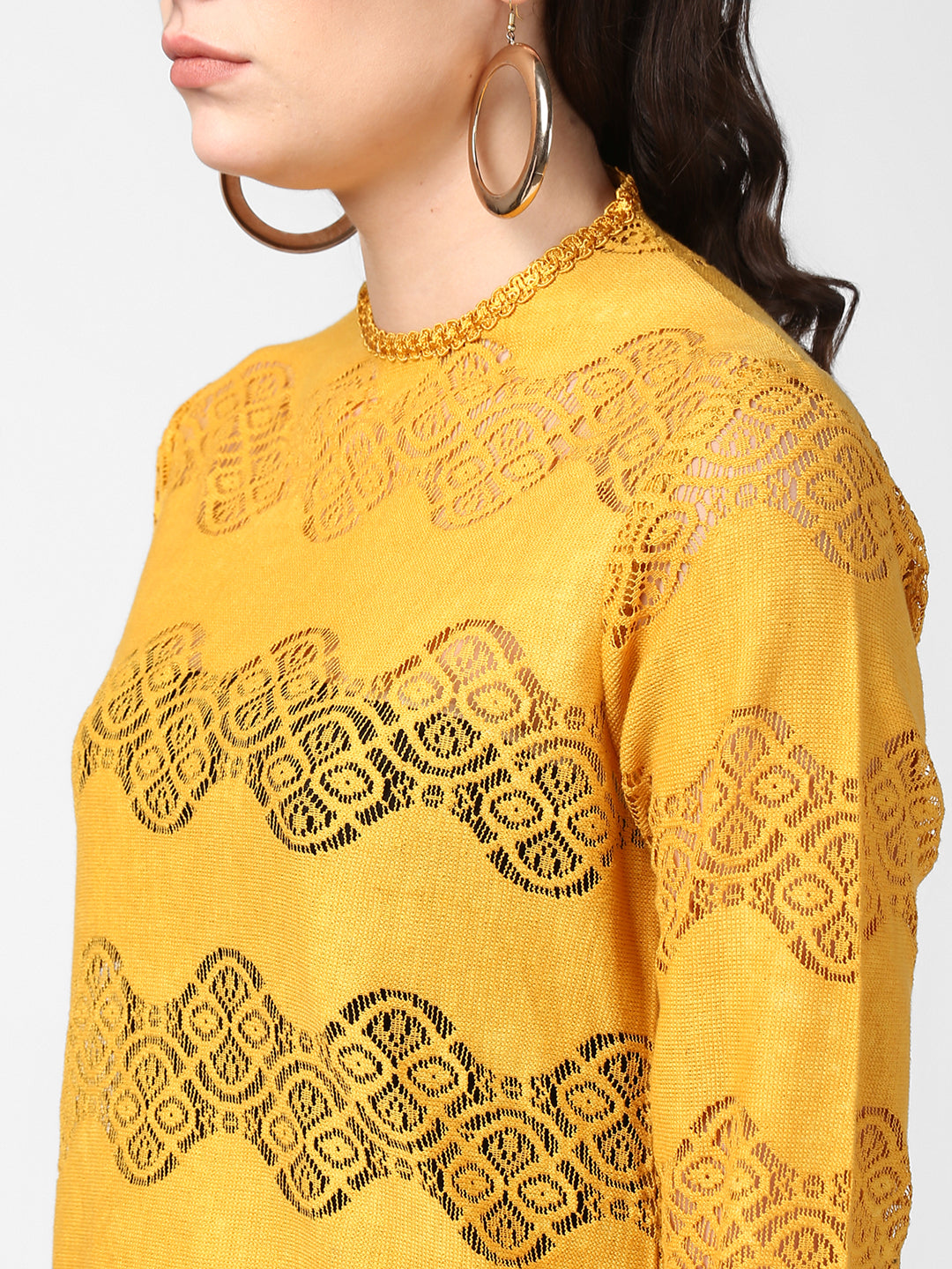 Women's Mustard Yellow Self Detail Lace Top