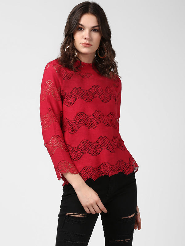 Women's Maroon Self Detail Lace Top