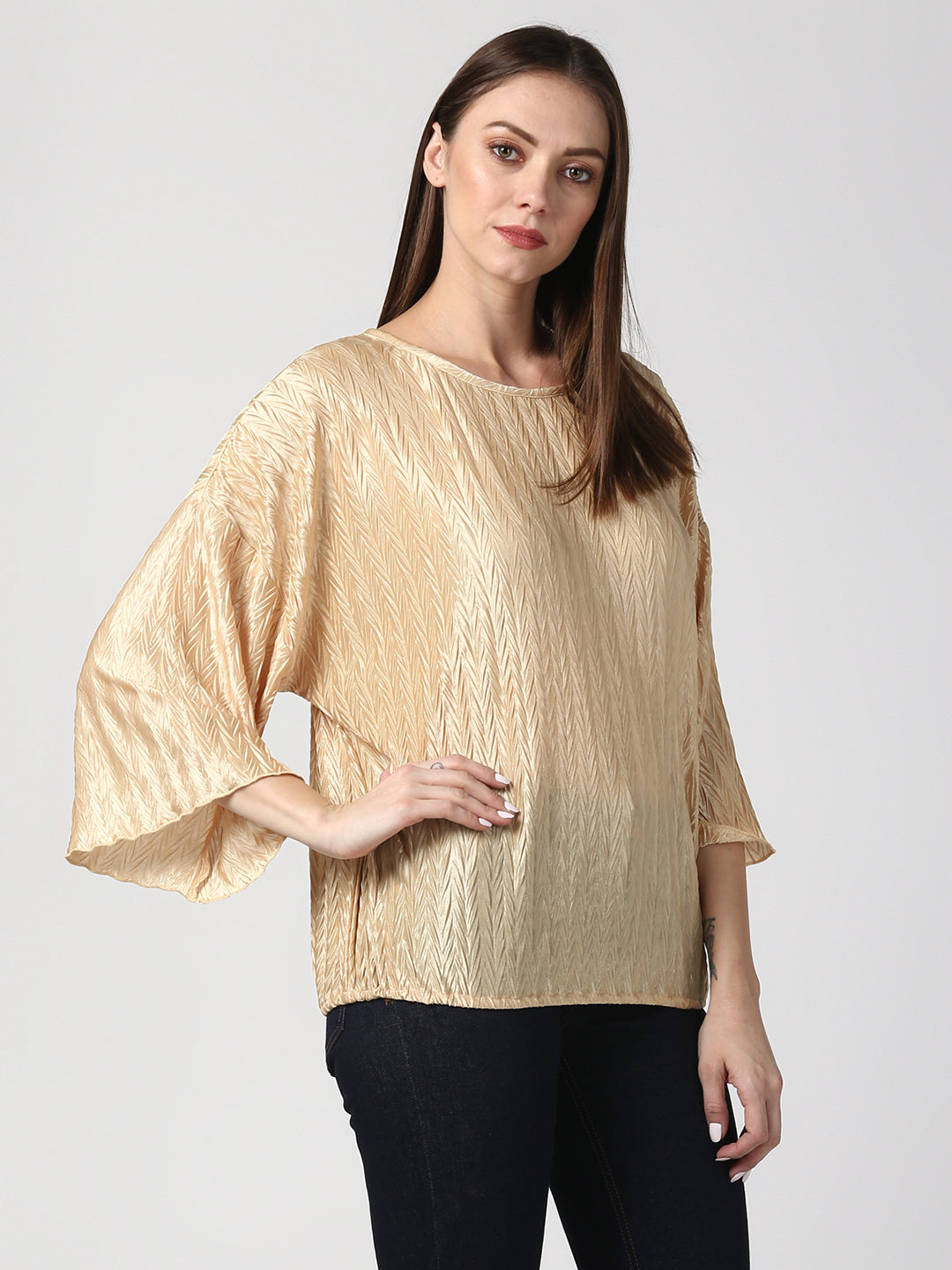 Women's Satin Gold V Pleat Detail Top