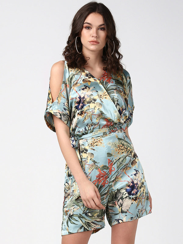 Women's Blue Satin Floral Playsuit