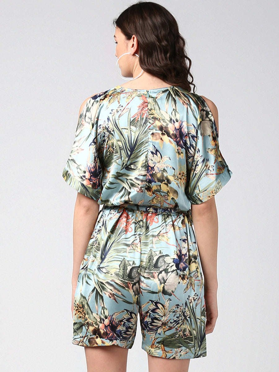 Women's Blue Satin Floral Playsuit – Stylestone