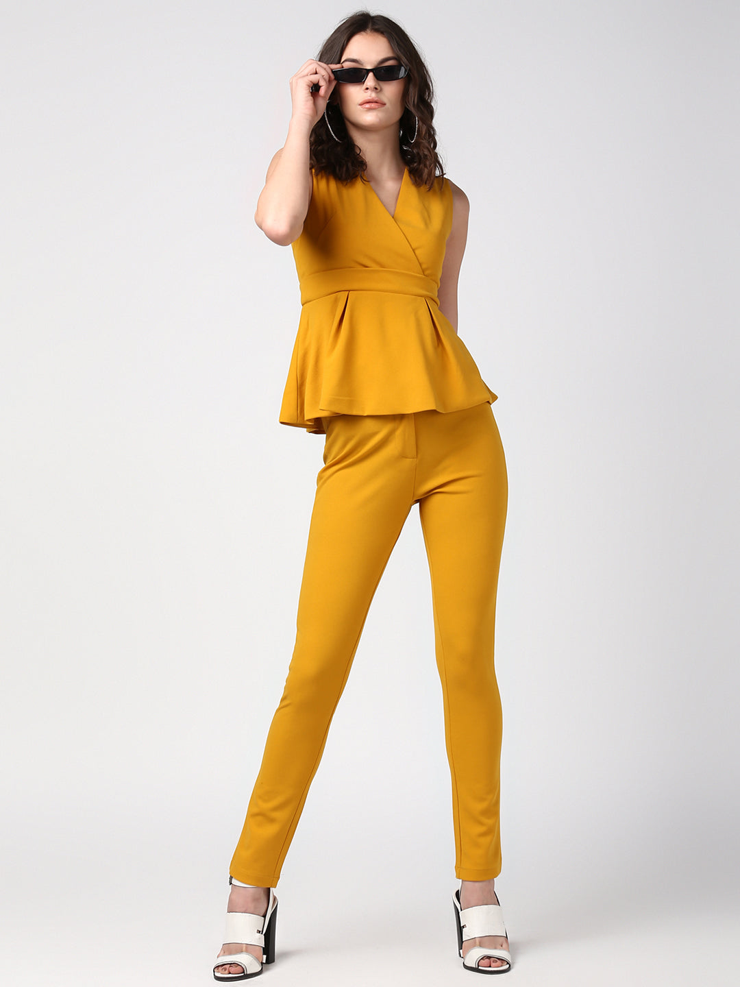 Women's Mustard Yellow Coordinated Peplum Top and Pants Set