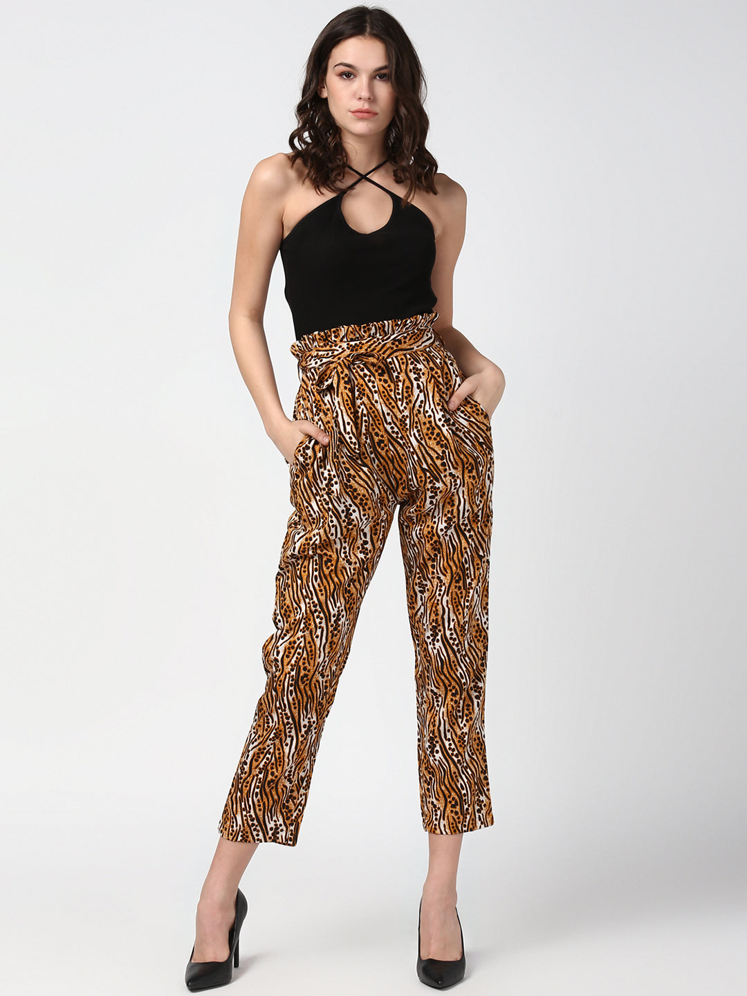 Women's Animal Print Paperbag Elasticated waistline Pants