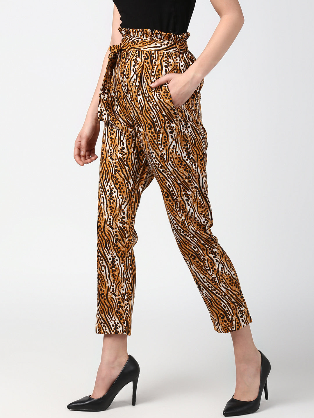 Women's Animal Print Paperbag Elasticated waistline Pants