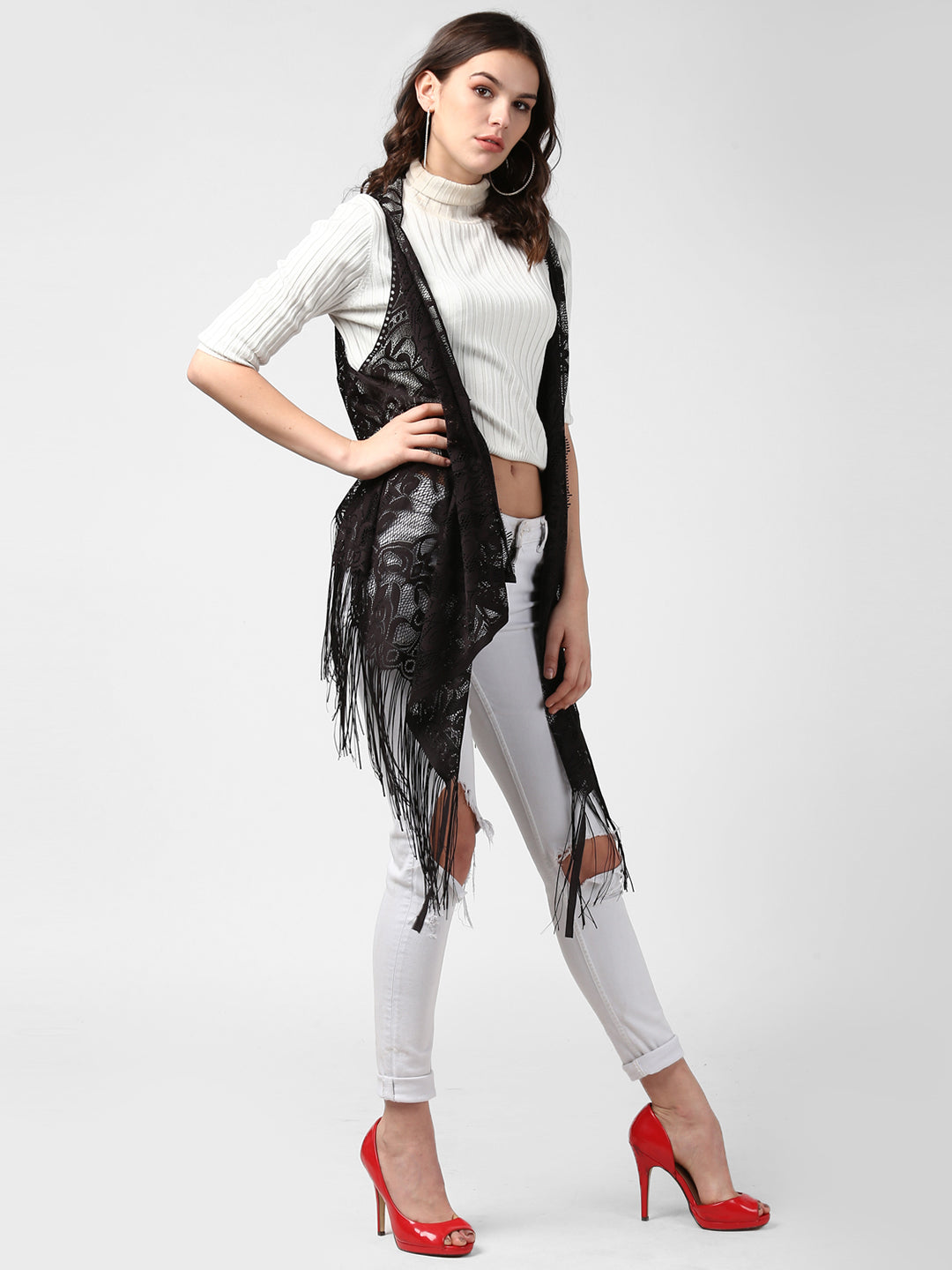 Women's Black Long Lace Shrug