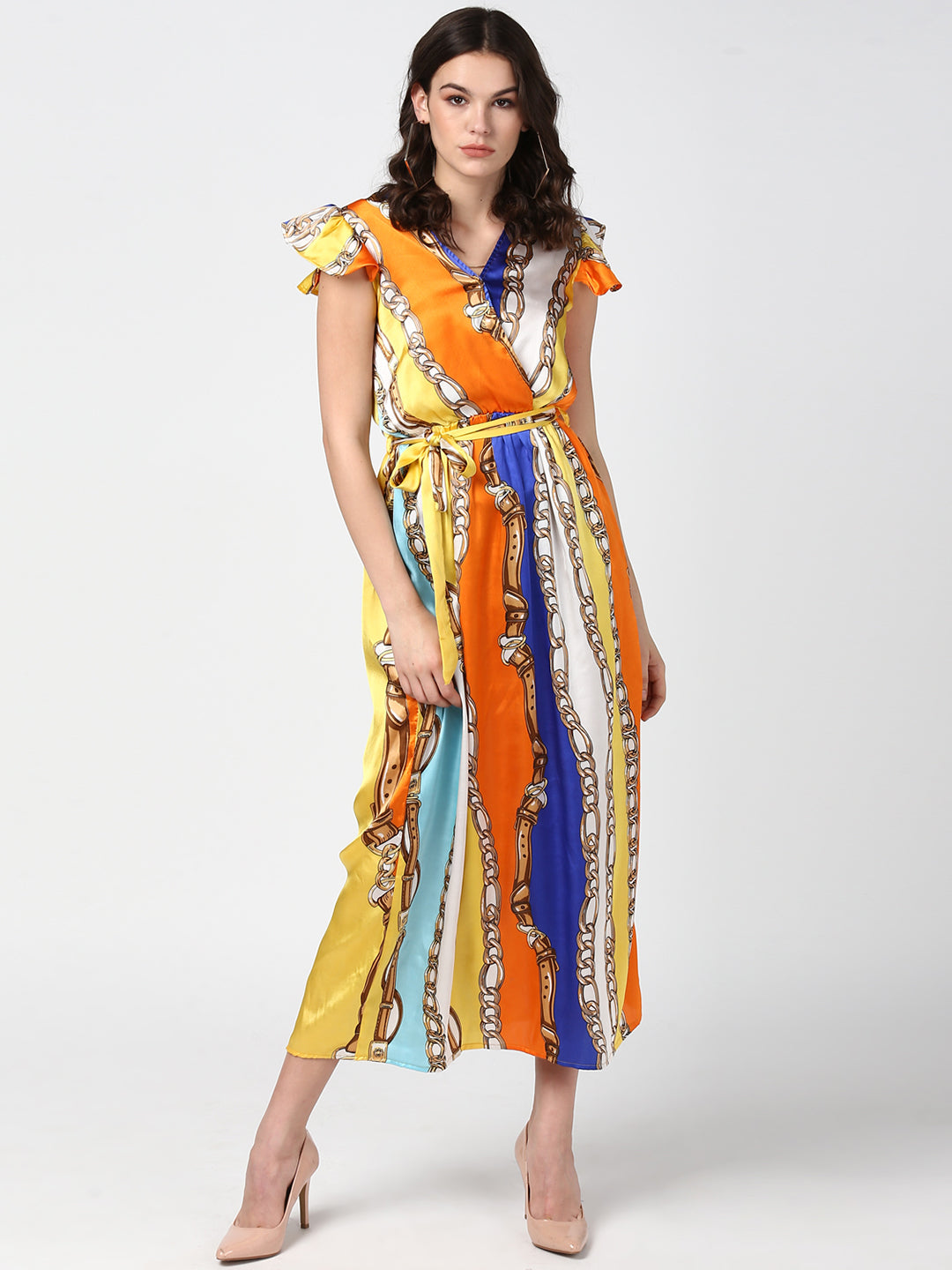 Women's Chain Print Multi Colored Satin Maxi Dress