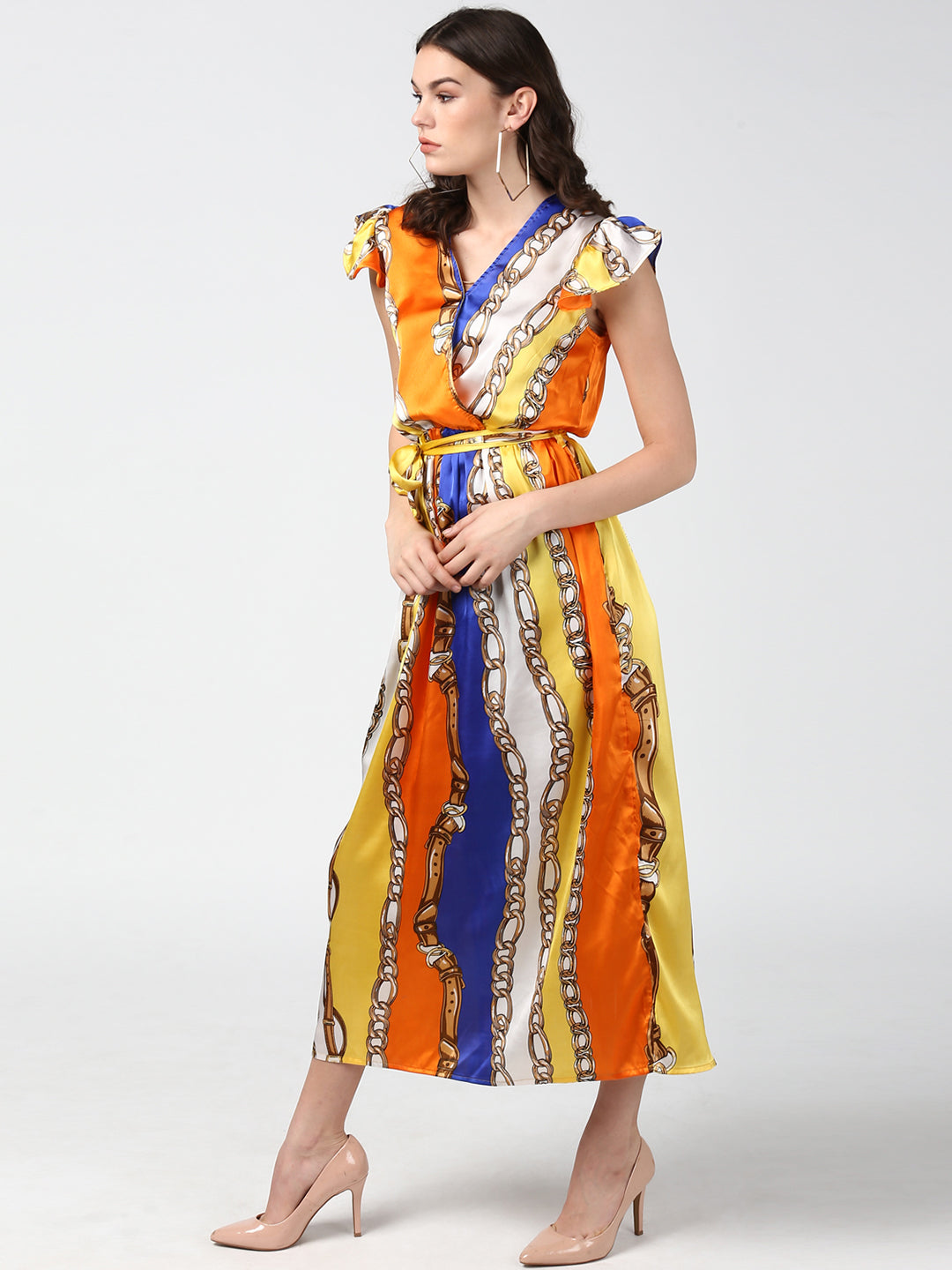 Women's Chain Print Multi Colored Satin Maxi Dress
