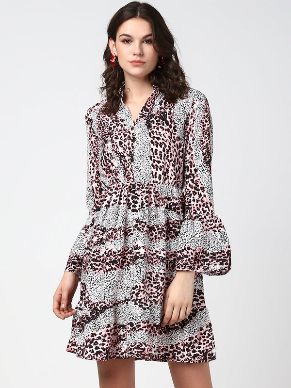 Women's Pink and Black Animal Print Dress with Bell Sleeves