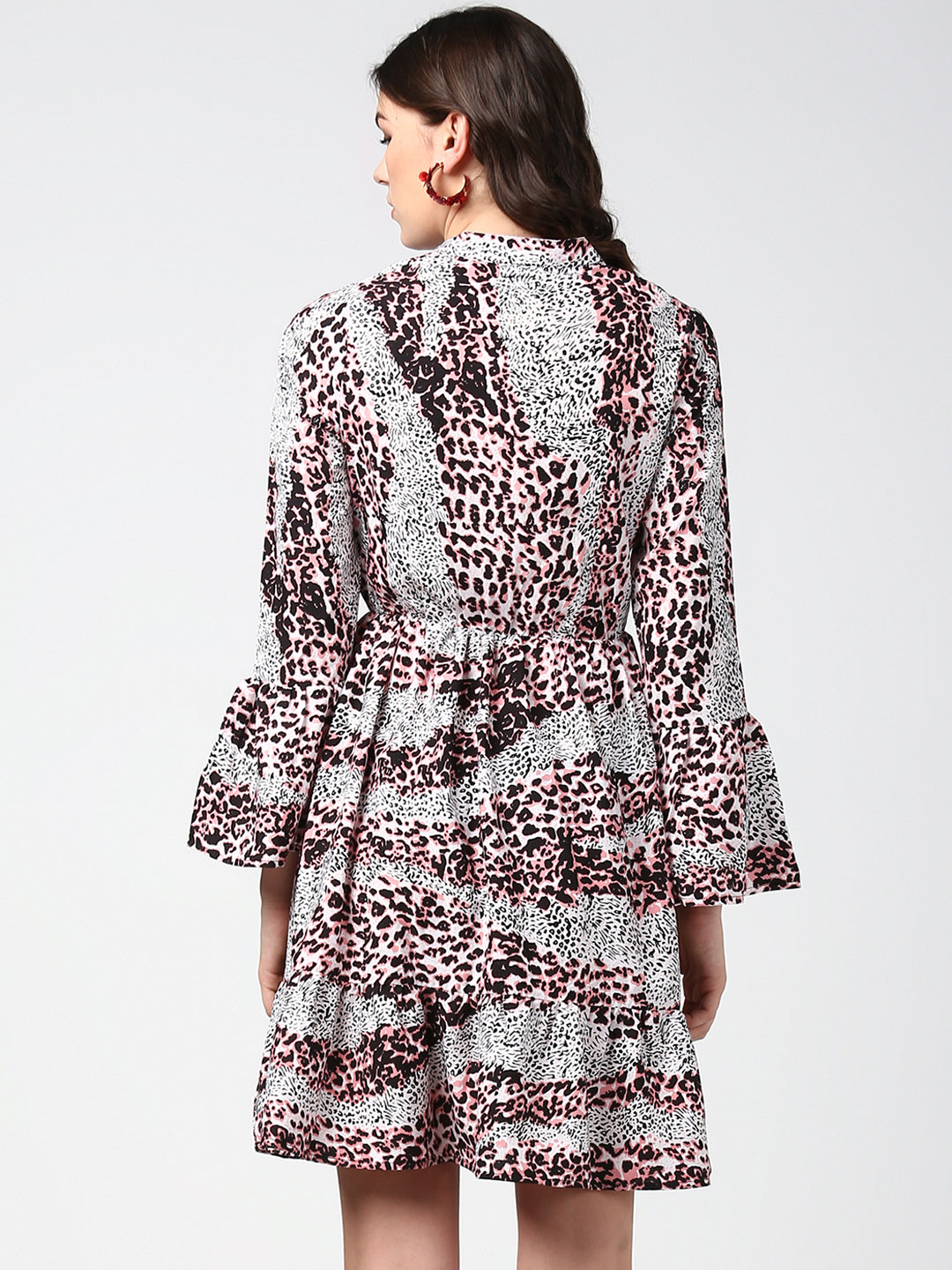 Women's Pink and Black Animal Print Dress with Bell Sleeves