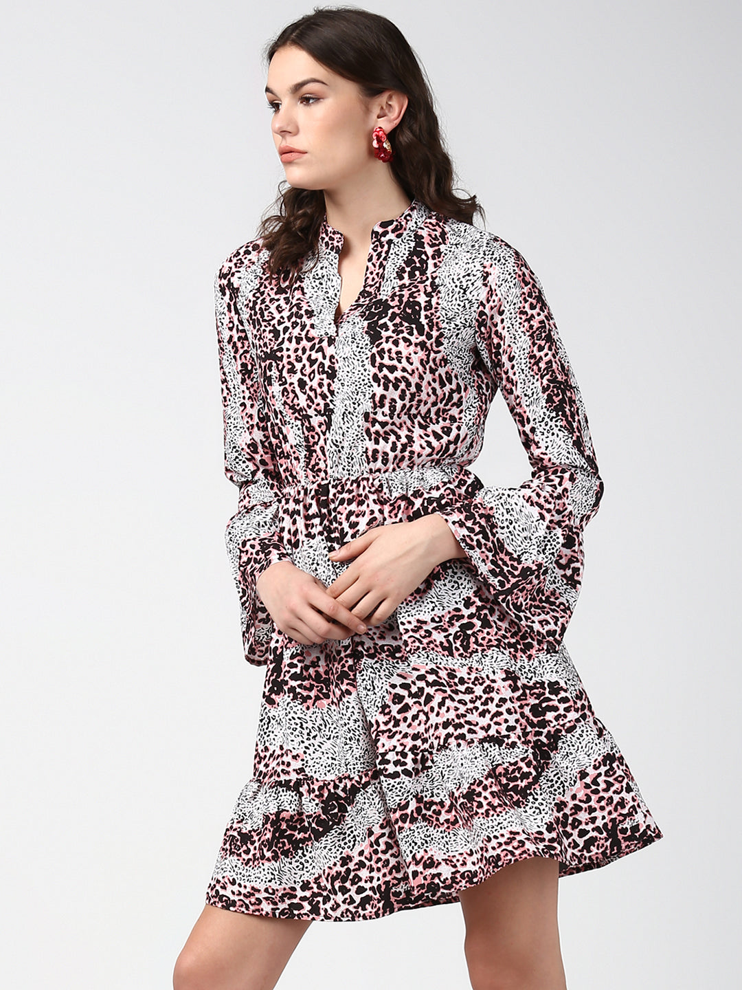 Women's Pink and Black Animal Print Dress with Bell Sleeves