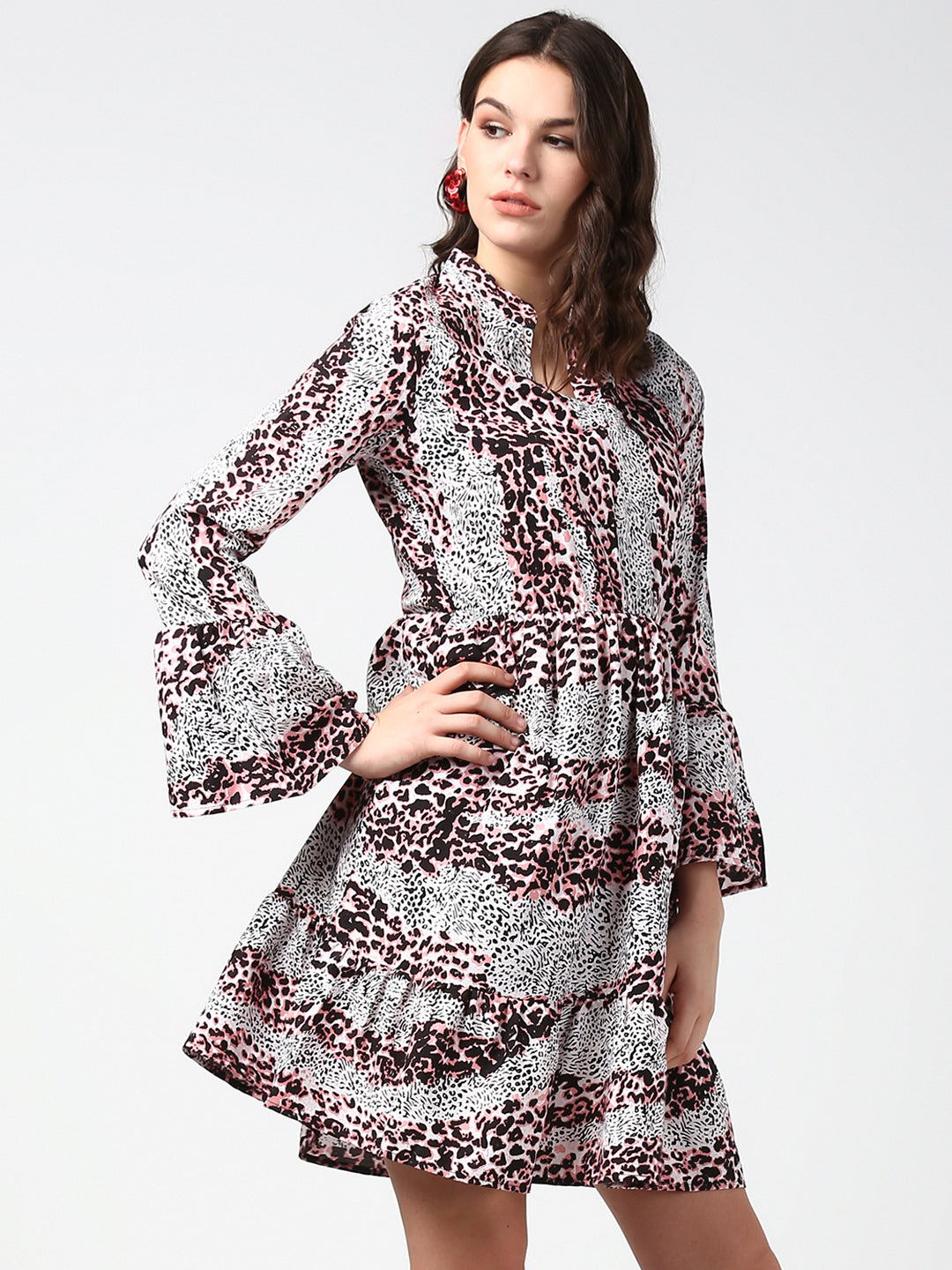 Women's Pink and Black Animal Print Dress with Bell Sleeves