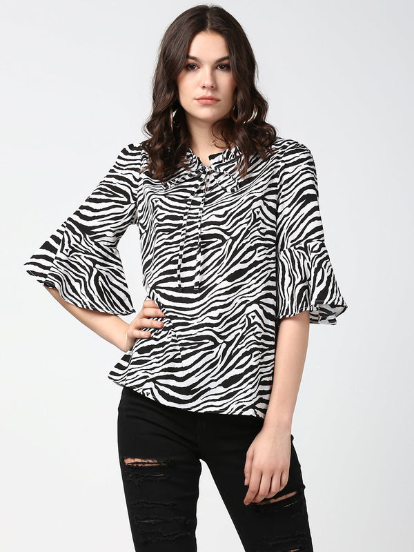 Women's Zebra Print Bell Sleeves Top