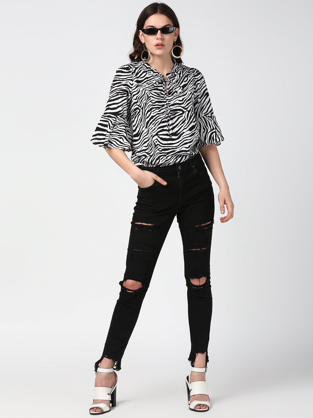 Women's Zebra Print Bell Sleeves Top