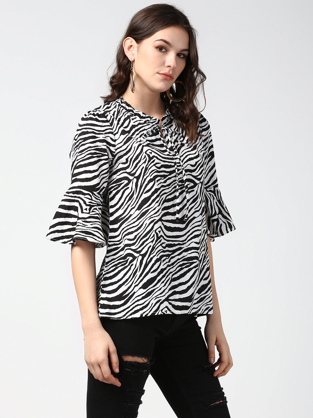 Women's Zebra Print Bell Sleeves Top