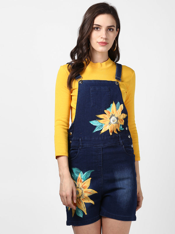 Women's Navy blue Hand painted Sunflower Dungaree (inner not provided)