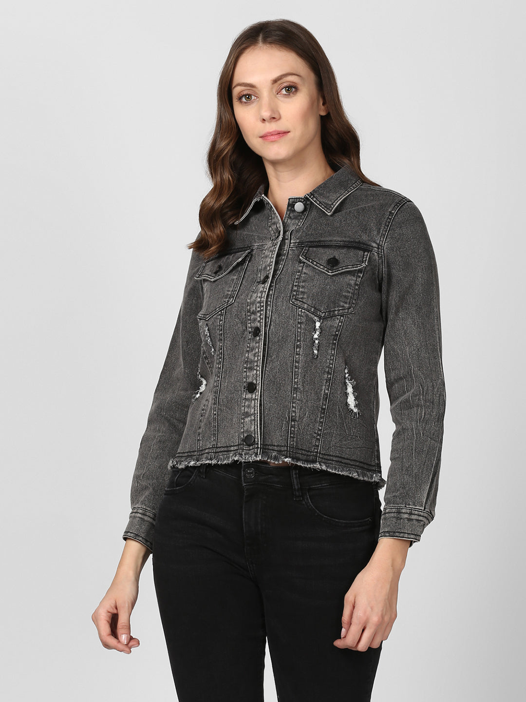 Women's Black Denim Distressed Jacket