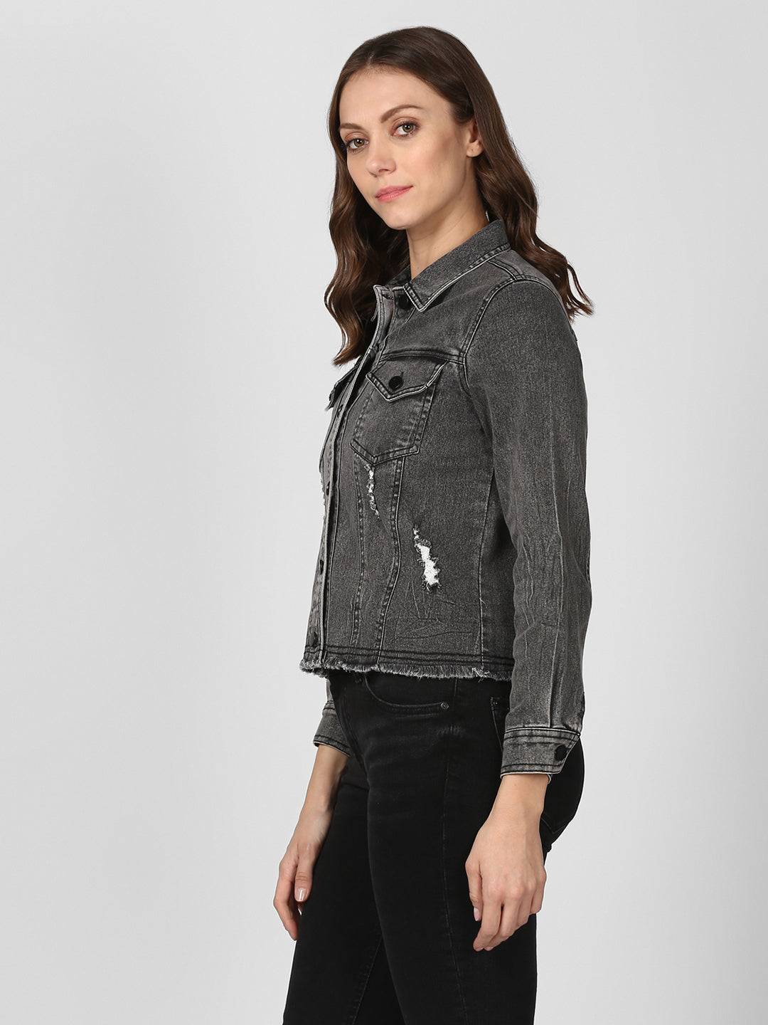 Women's Black Denim Distressed Jacket