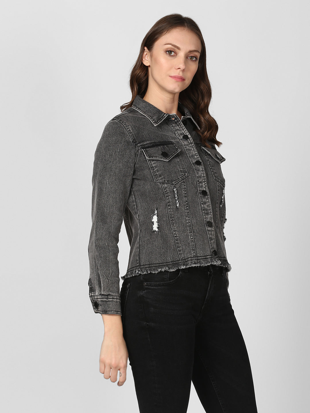Women's Black Denim Distressed Jacket