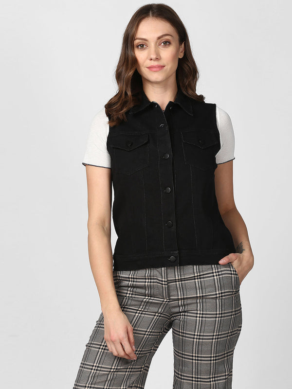 Women's Solid Black Denim Sleeveless Jacket