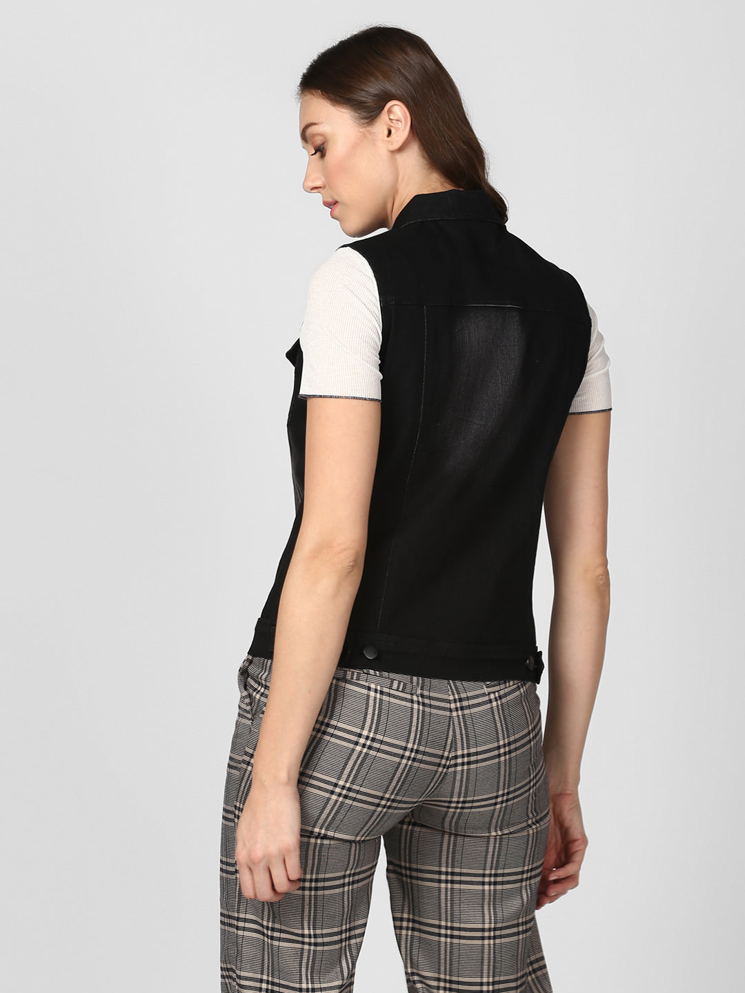 Women's Black Denim Sleeveless Jacket with Washed effect