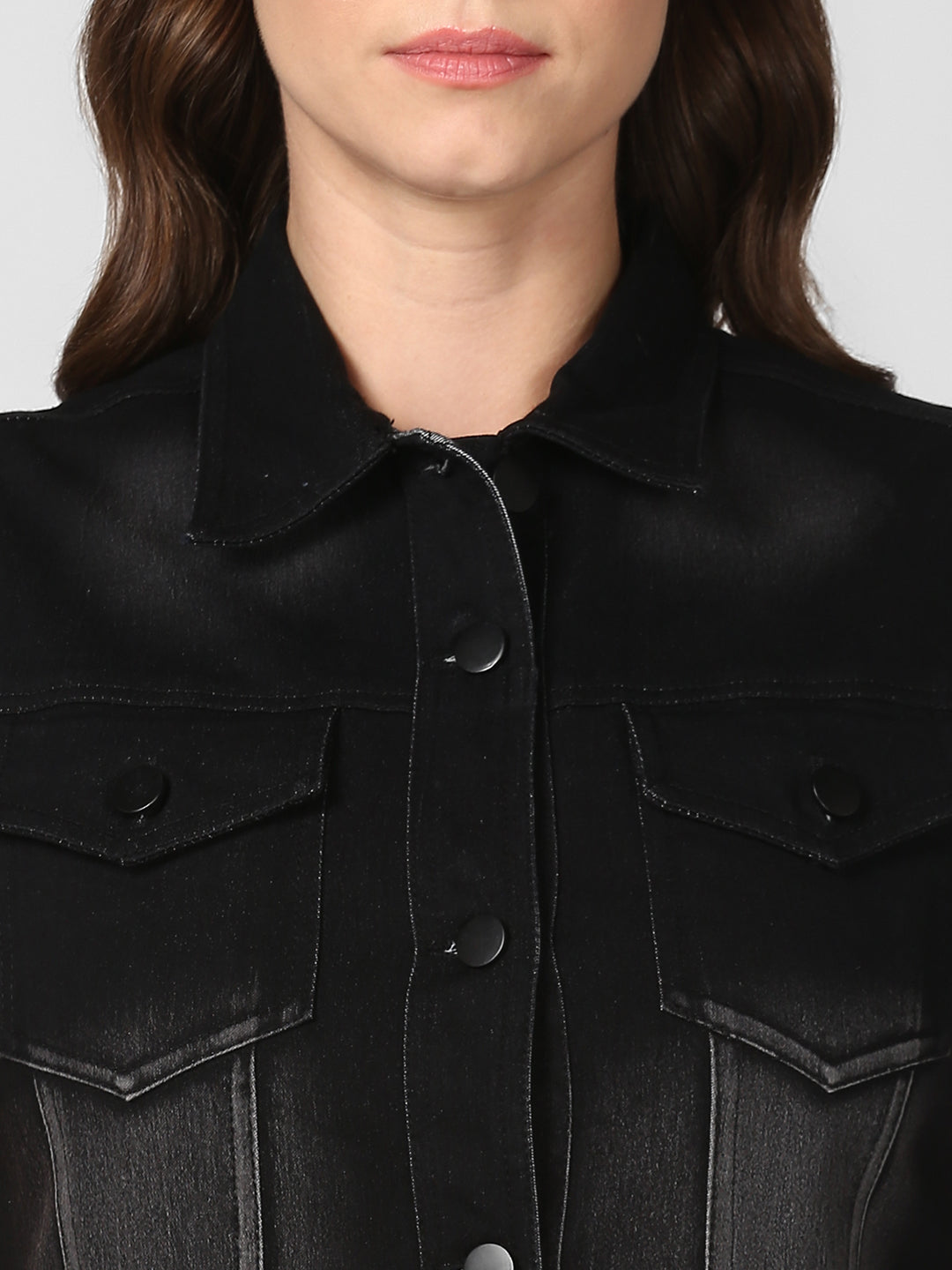 Women's Black Denim Sleeveless Jacket with Washed effect