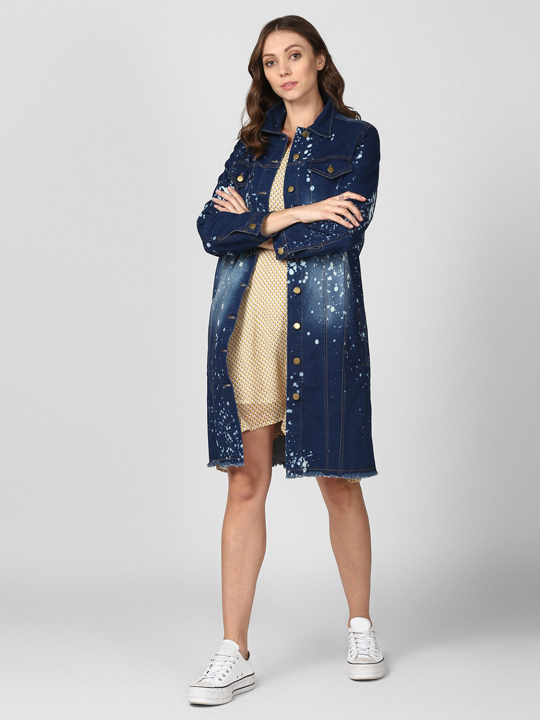 Women's Long Overcoat Style Denim Jacket with Splash effect