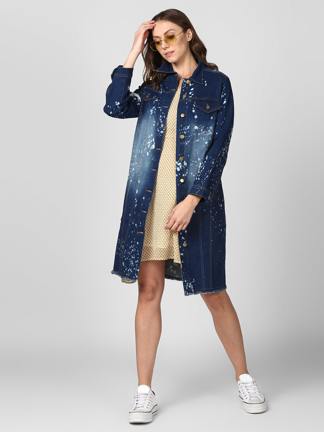 Women's Long Overcoat Style Denim Jacket with Splash effect