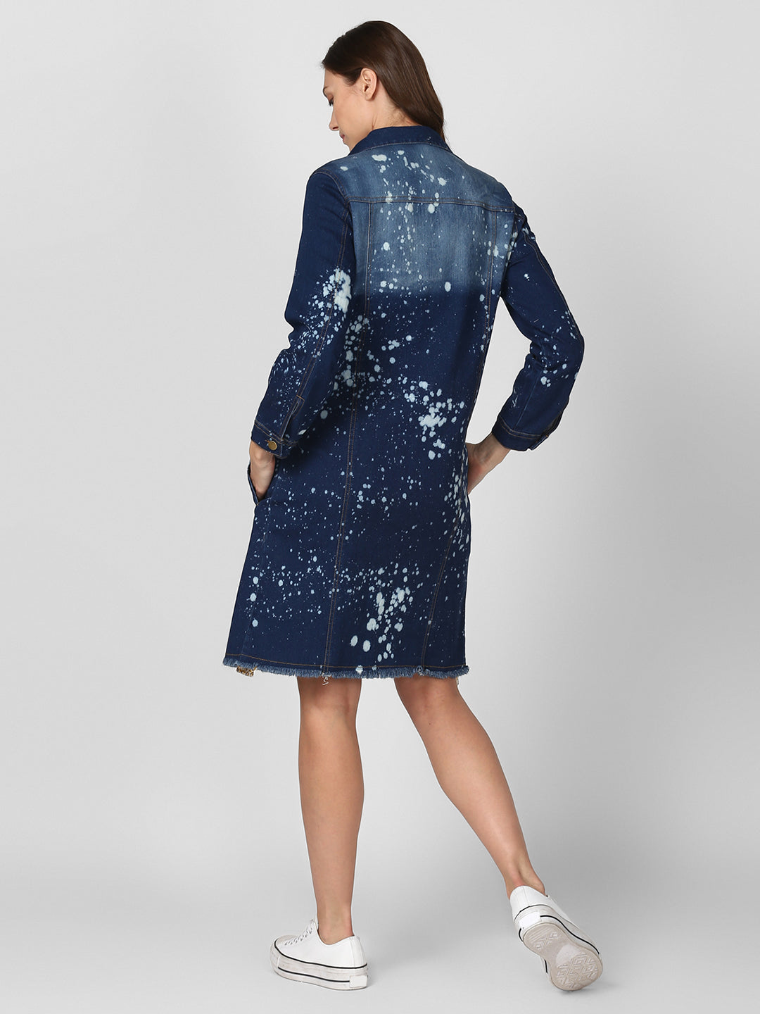 Women's Long Overcoat Style Denim Jacket with Splash effect