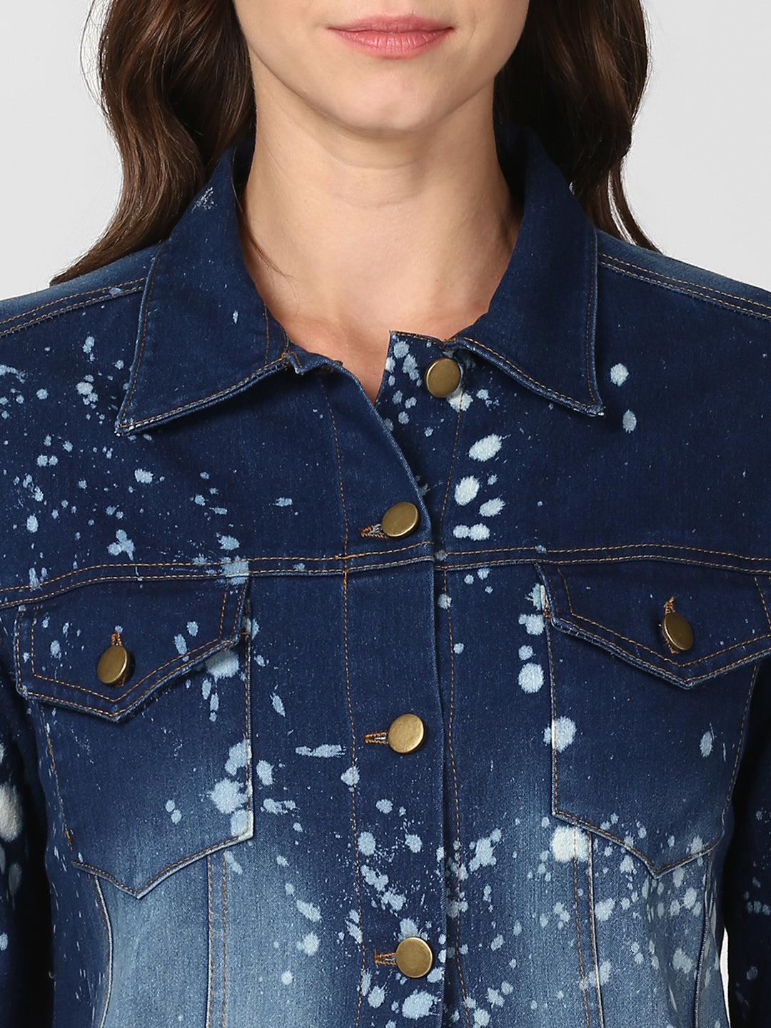 Women's Long Overcoat Style Denim Jacket with Splash effect