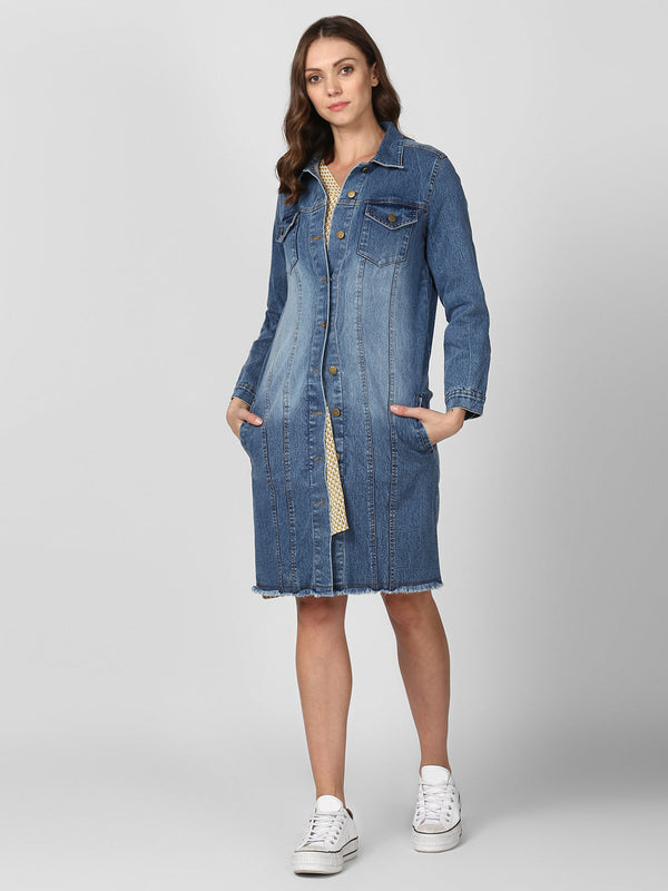 Women's Long Overcoat Style Denim Jacket with Washed effect