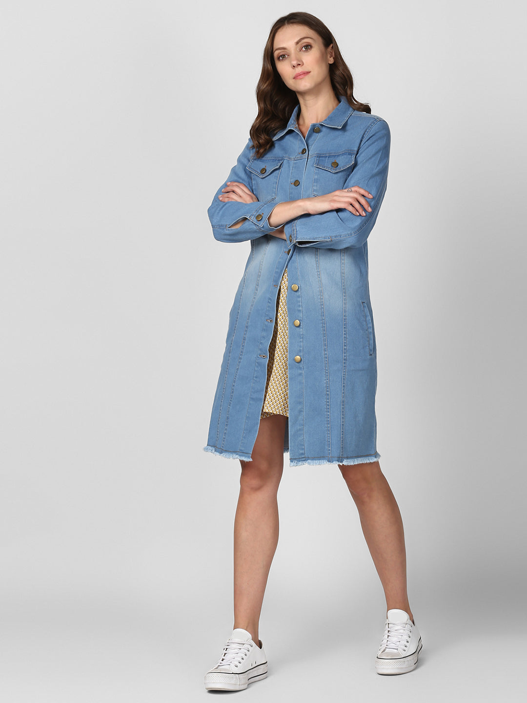 Women's Ice Blue Long Overcoat Style Denim Jacket with Washed effect