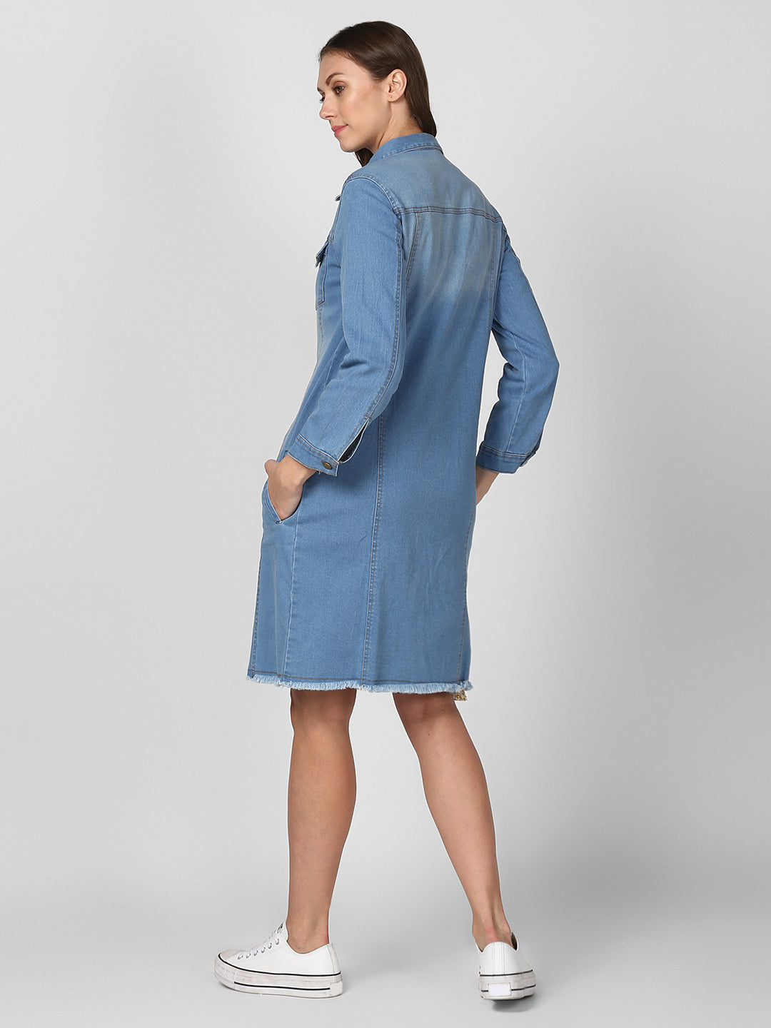 Women's Ice Blue Long Overcoat Style Denim Jacket with Washed effect