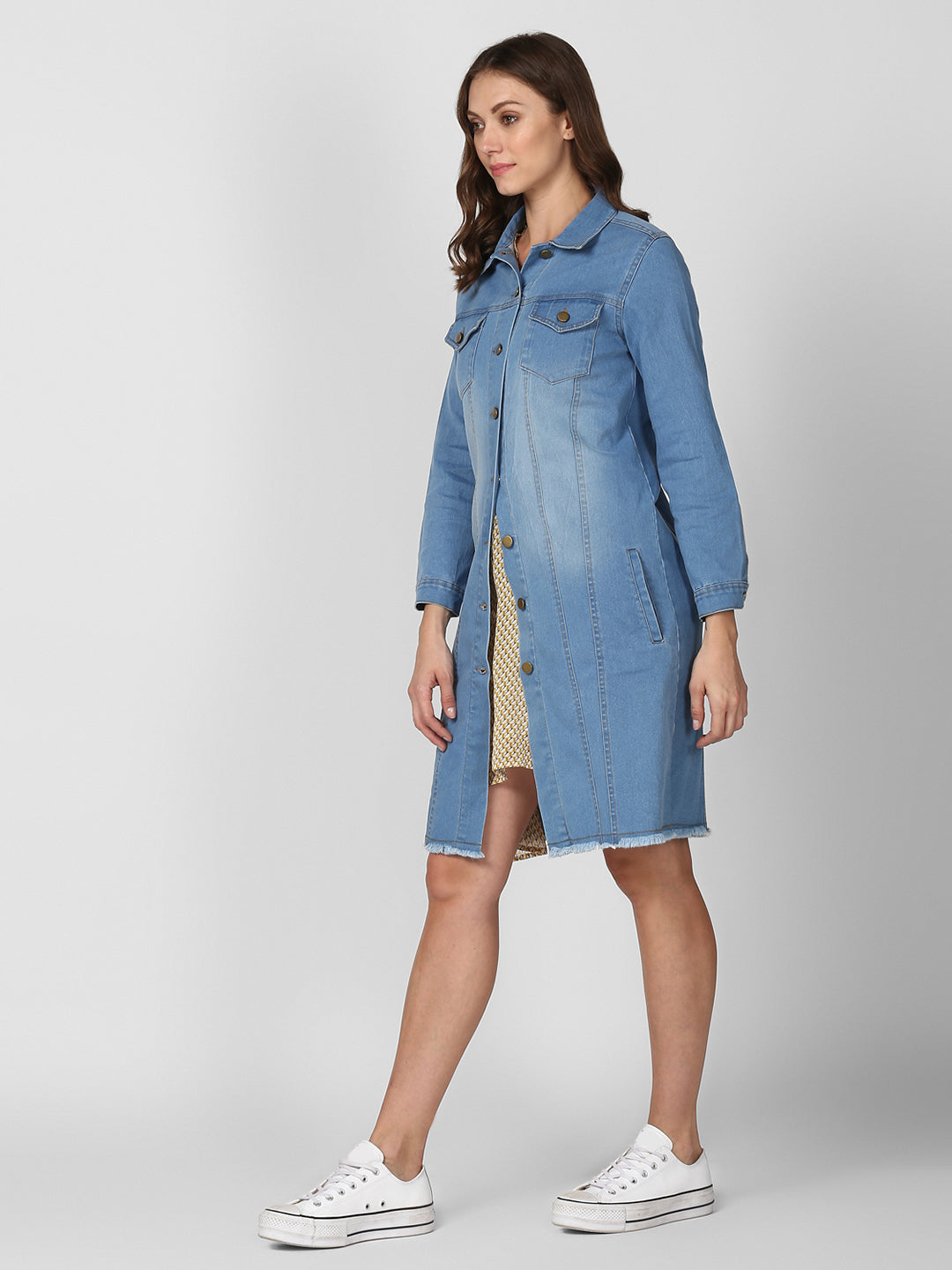 Women's Ice Blue Long Overcoat Style Denim Jacket with Washed effect