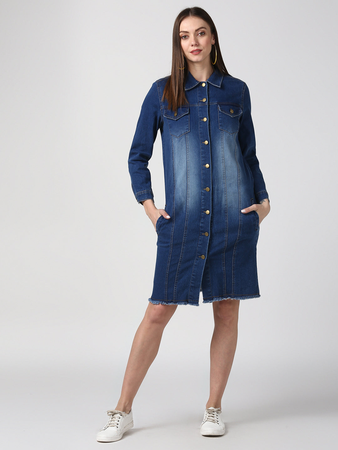 Women's Navy Blue Long Overcoat Style Denim Jacket with Washed effect
