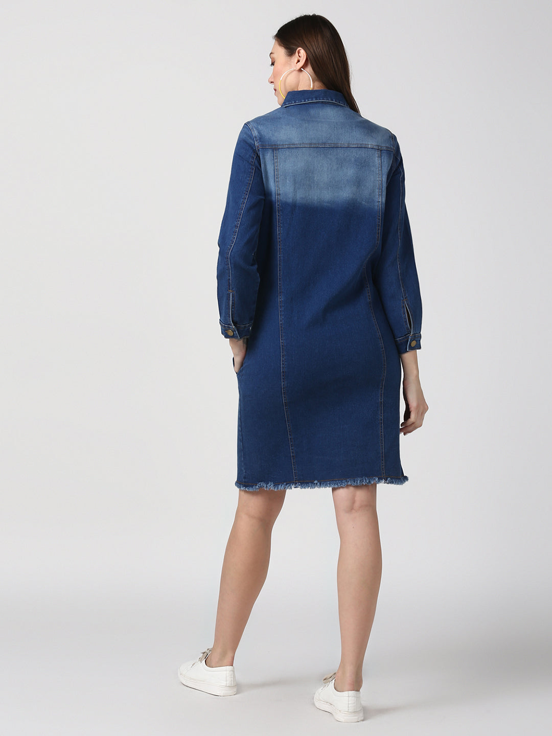 Women's Navy Blue Long Overcoat Style Denim Jacket with Washed effect