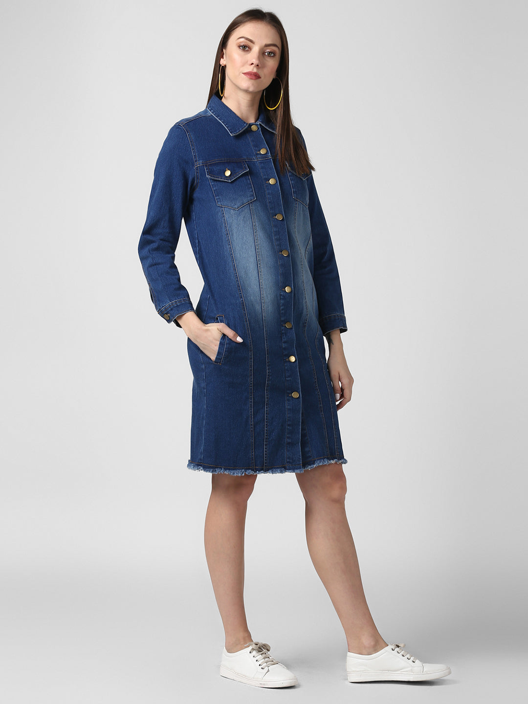 Women's Navy Blue Long Overcoat Style Denim Jacket with Washed effect