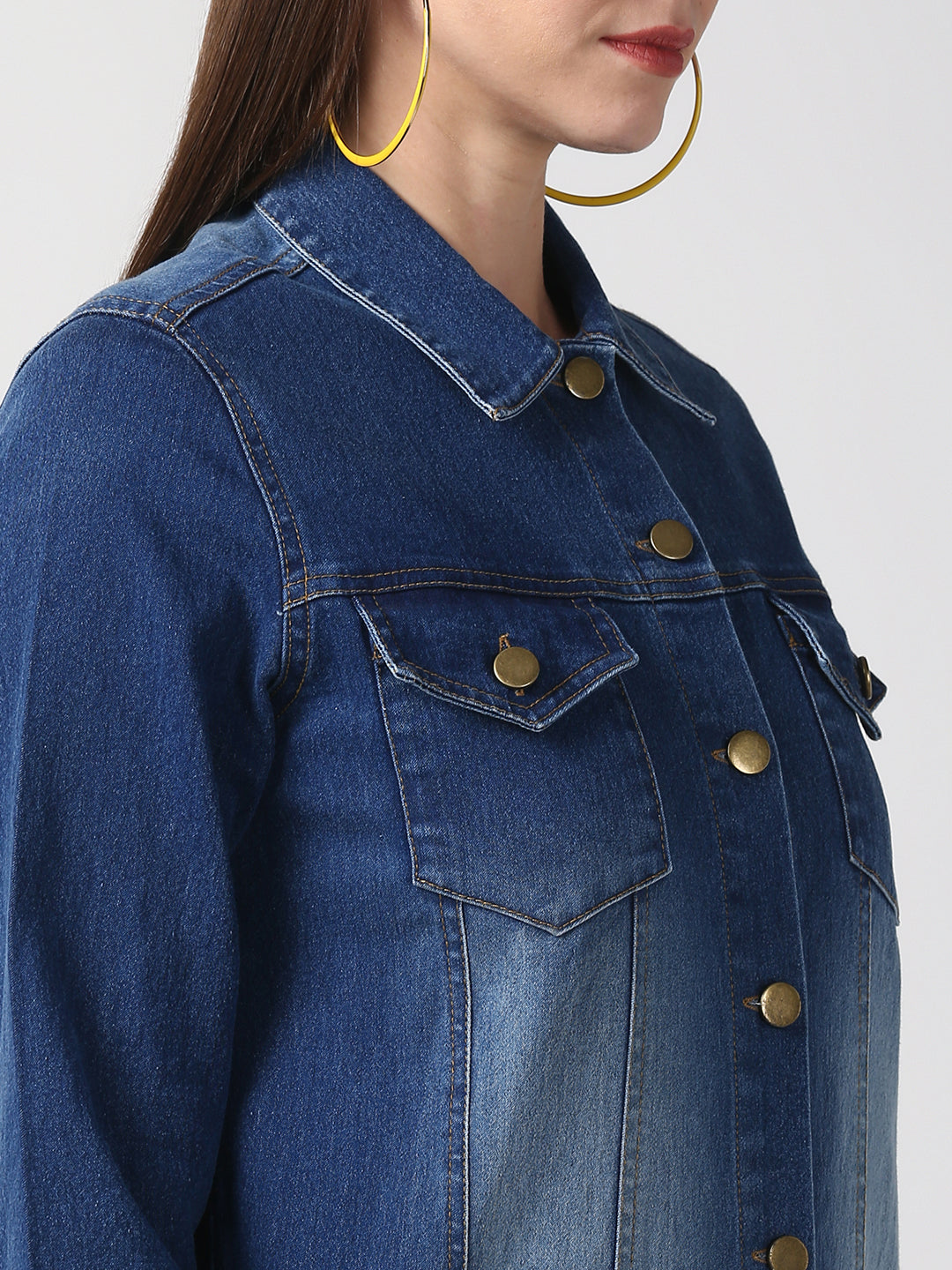Women's Navy Blue Long Overcoat Style Denim Jacket with Washed effect