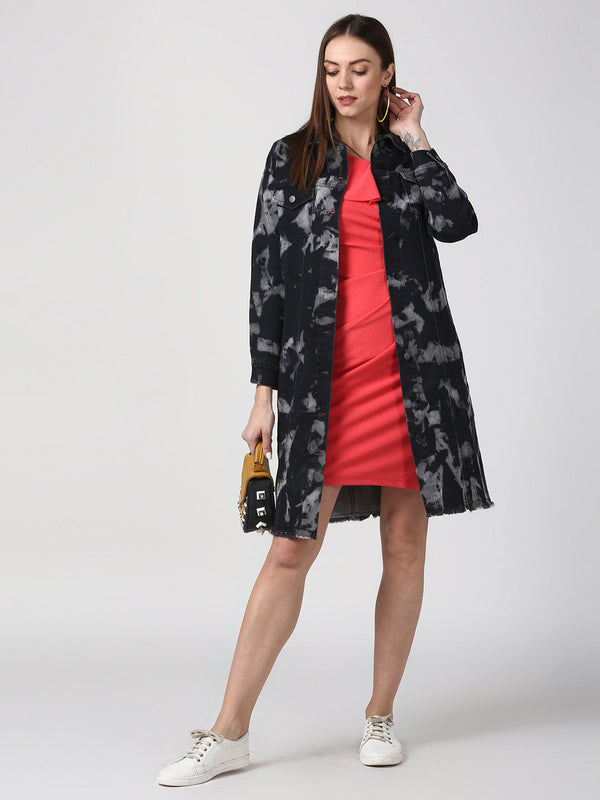 Women's Black Long Overcoat Style Denim Jacket with Cloud effect
