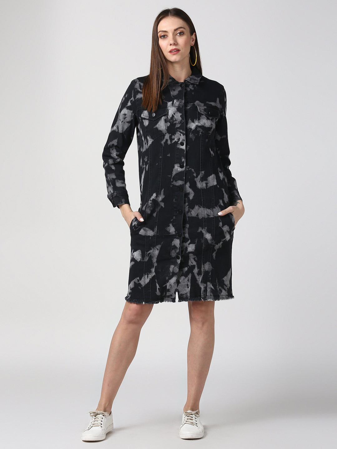 Women's Black Long Overcoat Style Denim Jacket with Cloud effect