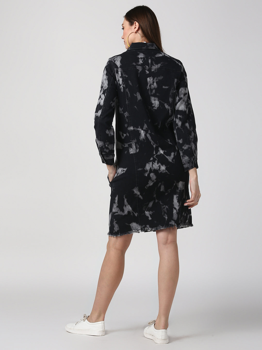 Women's Black Long Overcoat Style Denim Jacket with Cloud effect
