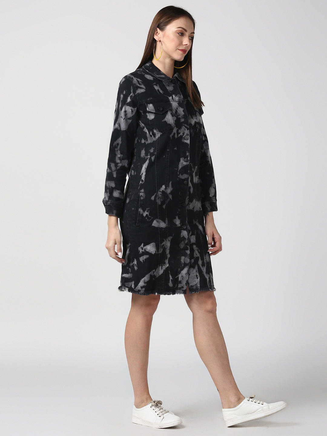 Women's Black Long Overcoat Style Denim Jacket with Cloud effect