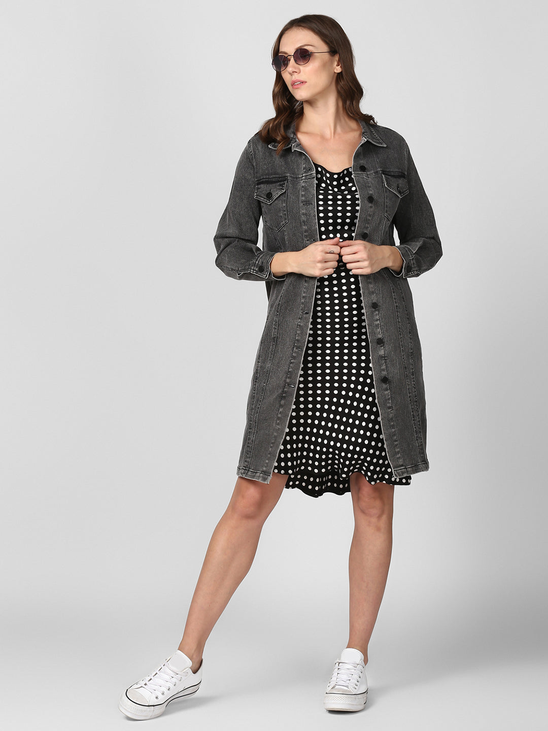 Women's Grey Long Overcoat Style Denim Jacket with Washed effect