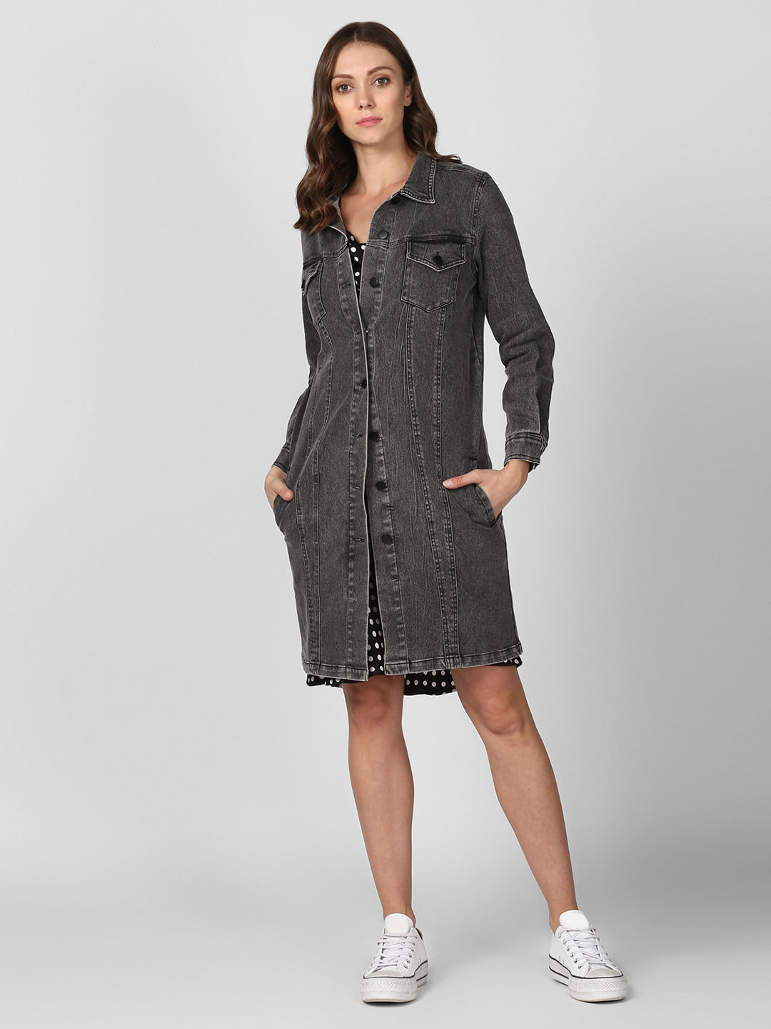 Women's Grey Long Overcoat Style Denim Jacket with Washed effect