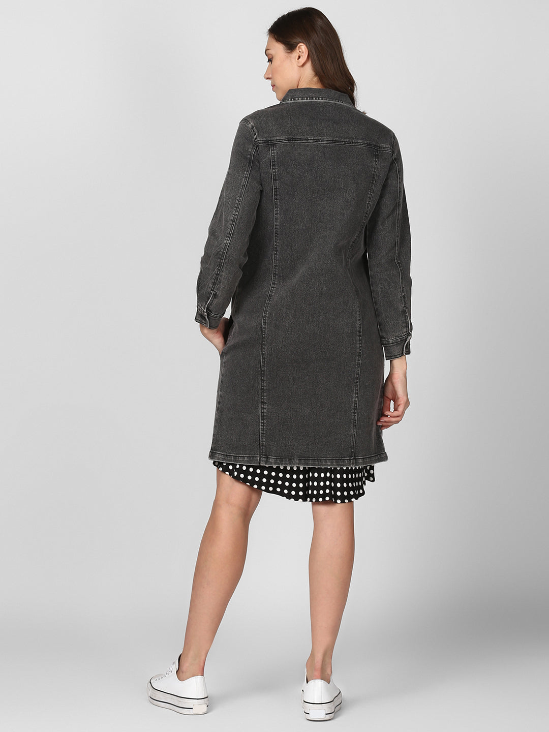 Women's Grey Long Overcoat Style Denim Jacket with Washed effect