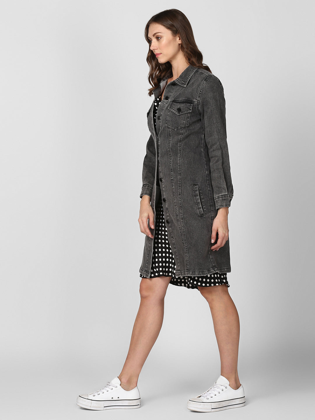 Women's Grey Long Overcoat Style Denim Jacket with Washed effect