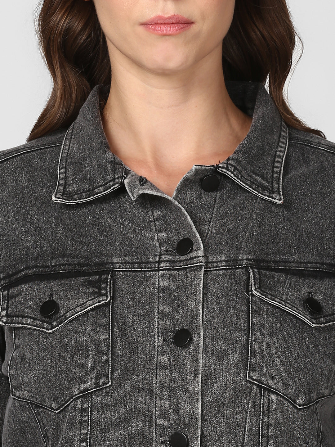 Women's Grey Long Overcoat Style Denim Jacket with Washed effect